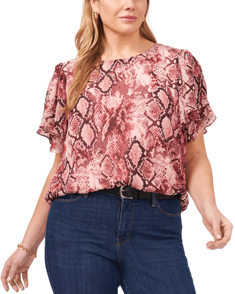 Front of a model wearing a size 1X Madelyn Snake Print Blouse in Heirloomrose by Vince Camuto. | dia_product_style_image_id:261431